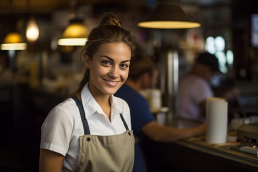 Diligent Smiling waitress cafe. Face cafe person pretty public. Generate AI