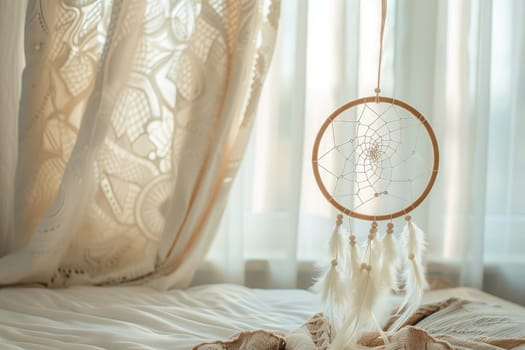 A dream catcher hangs from the ceiling above a cozy bed in a comfortable house with wooden furniture and textile decorations