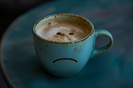 A coffee cup with a drawn sad face on it sitting on a saucer. The tableware holds a drinkware filled with the ingredient of coffee, such as Wiener melange or Cuban espresso
