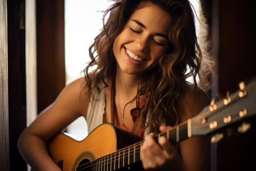 Artistic Woman playing guitar. Music rock. Generate Ai