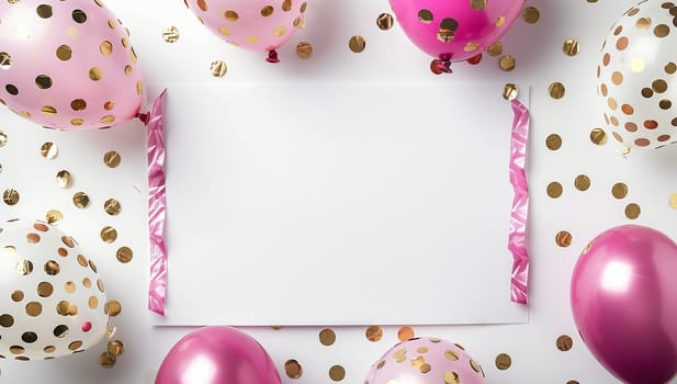 A white petalshaped card stands out amongst a lively display of pink and gold balloons, confetti, and flowers in shades of violet and magenta, showcasing a creative arts pattern