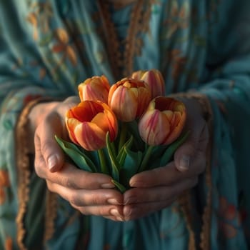 A person holding a bunch of flowers in their hands, showcasing colorful tulips against a plain background.