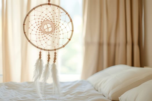 A wooden dream catcher hangs above the bed, adding a touch of comfort and whimsy to the interior design. The circular pattern complements the glass window treatments and linens