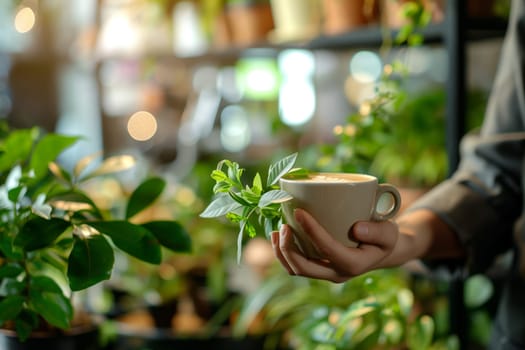 The person is holding a cup of coffee made from the seeds of a flowering plant grown on a terrestrial plant in soil. The cup is made of glass and they are standing in a building during an event