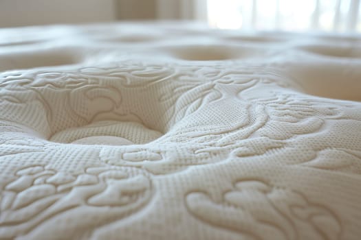 A detailed closeup of a white mattress featuring a unique pattern reminiscent of a tire tread or automotive wheel system, creating an artistic and modern look
