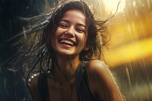 Cheerful Smiling woman rain. Dance coat. Generate Ai