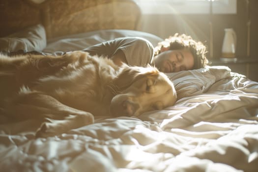 A man is peacefully sleeping on a comfortable bed with his carnivore companion dog, a fawncolored dog breed from the Sporting Group, a terrestial animal known for its loyalty