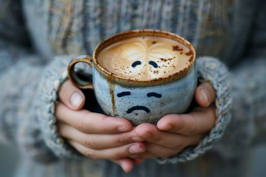 A person is holding a coffee cup with a sad face drawn on it. The gesture of their finger tracing the lines on the cup reflects their feelings as they sip on the drink