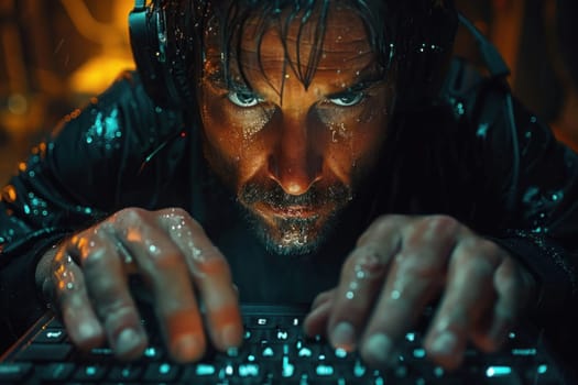 A man focused on typing on a keyboard while wearing headphones.