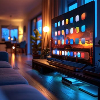 A modern flat screen TV resting on top of a wooden table in a home cinema setup.