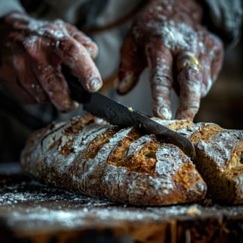 A person slices a loaf of bread using a knife, focusing on the action of cutting through the loaf.