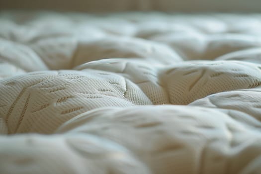 A closeup of a white mattress on a bed with hardwood flooring, cozy linens, and a fluffy duvet for maximum comfort and relaxation