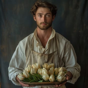 A man standing outdoors, holding a basket filled with white tulips.