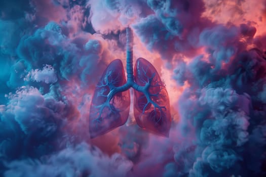 An organism with a pair of lungs is floating in the atmosphere above the clouds, creating a mesmerizing scene of violet and magenta hues blending with electric blue
