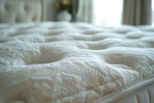 A close up of a white mattress on wood flooring, surrounded by comfortable linens and bedding made of wool and fur. The artful thread work adds a touch of luxury to the bedroom