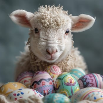 A sheep next to a colorful pile of Easter eggs in a field.