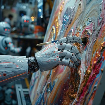 A robot is actively painting on a canvas with precision and skill.