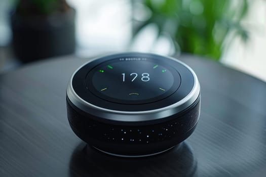 A smart clock is placed on top of a table in a modern setting.