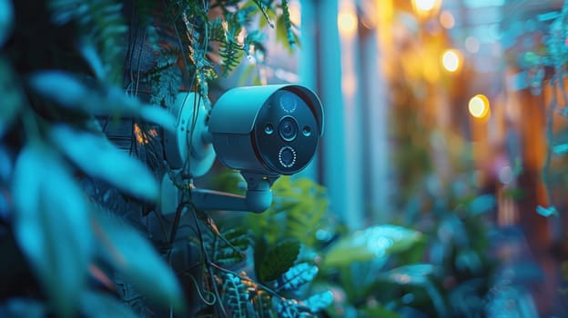 A security camera is installed on a wall in a garden, monitoring the area with its view.