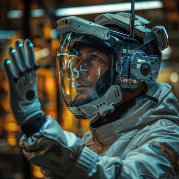 A man in a space suit taking photographs with a camera on a virtual reality mission in outer space.