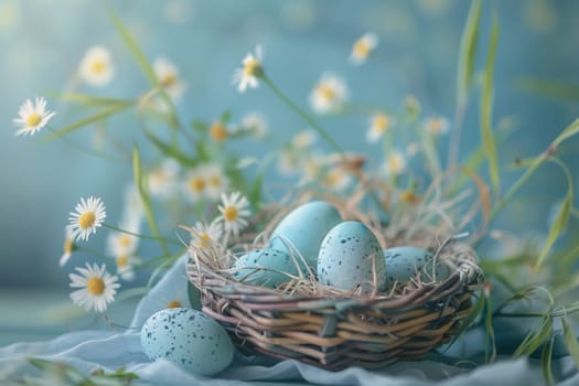 A bird nest filled with blue Easter eggs and daisies sits on a table, surrounded by green grass and twigs, creating a beautiful spring event decoration