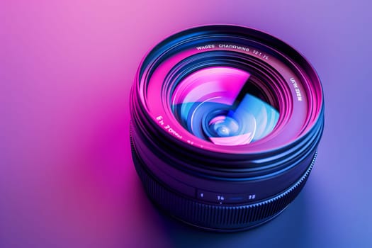 An up close shot of a camera lens on a vibrant purple and blue background, showcasing the colorfulness and beauty of digital photography