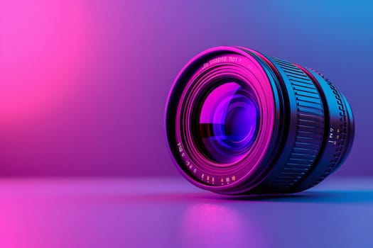 A close up of a camera lens on a purple and electric blue background, creating a vibrant mix of magenta and violet hues in a circular shape. Perfect for cameras optics enthusiasts