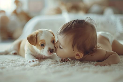 A fawn is kissing a Vertebrate Carnivore, belonging to the Dog breed, a Companion dog in the Sporting Group. They are laying on a carpet, enjoying comfort and companionship