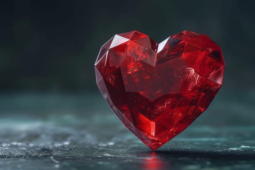 A red heartshaped diamond rests on a table, resembling a delicate petal in a natural landscape. Its magenta hue glistens like water, highlighting the fluidity of its artistry