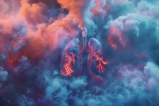 A stunning artwork showcasing a persons lungs depicted in the clouds, with electric blue hues and intricate patterns resembling cumulus formations