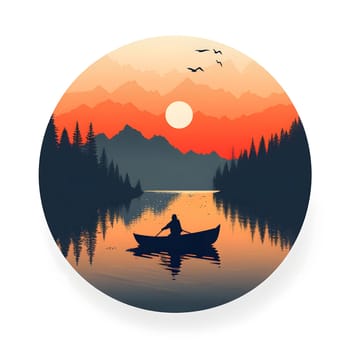 A stunning art piece depicting a man peacefully rowing a boat on a calm lake at sunset, surrounded by orange skies, trees, and a tranquil natural landscape