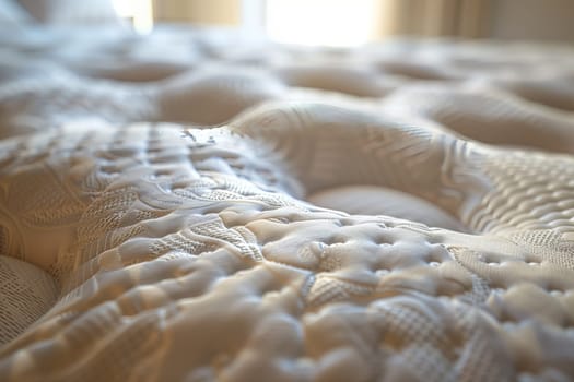 A closeup of a comfortable white mattress on a bed, with a pattern resembling wildlife landscape. The wood frame contrasts with the terrestrial animal fur and snake plant design