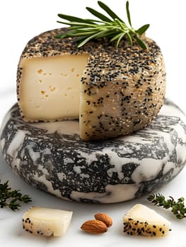 A piece of cheese is placed atop a marble block, showcasing a simple yet elegant display of a food ingredient that can be used in various recipes and dishes, adding flavor and texture to cuisine