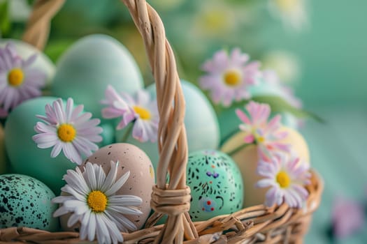 A beautiful arrangement of Easter eggs and daisies in a basket sitting on a table, surrounded by grass and flower petals