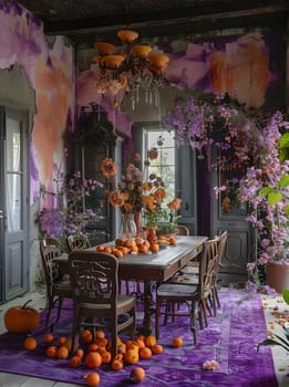 The dining room in the house is decorated for Halloween with a purple and violet color scheme. The table is adorned with spooky art, and a flower plant sits on the wall