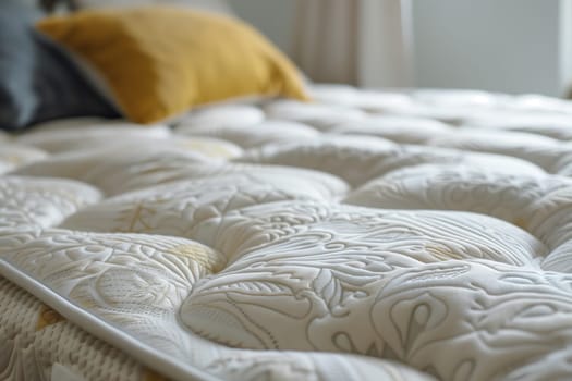 A closeup of a textile mattress resting on a rectangular bed frame made of hardwood. The cozy comfort is enhanced by the soft linens and pillows