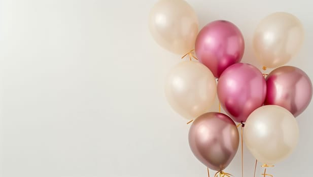 A variety of pink and white balloons made from natural materials hang as creative arts on a white wall, resembling jewelry pieces in shades of magenta and peach, creating a fashionable event decor