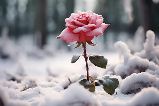 Enchanting Snow rose garden. Frozen spring plant. Generate Ai