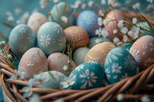 A natural basket filled with vibrant Easter eggs and delicate babys breath, perfect for a creative arts event or fashion accessory in electric blue