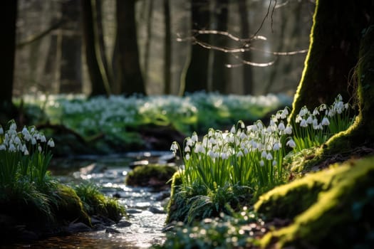Enchanting Snowdrops forest violet blossom. Nature spring outdoor flora plant. Generate Ai