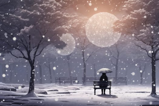 Tranquil Snowfall park forest. White snow forest frozen trees. Generate Ai