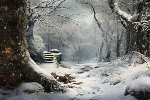 Pristine Snowfall park forest outdoor. Country wood natural nature frost. Generate Ai