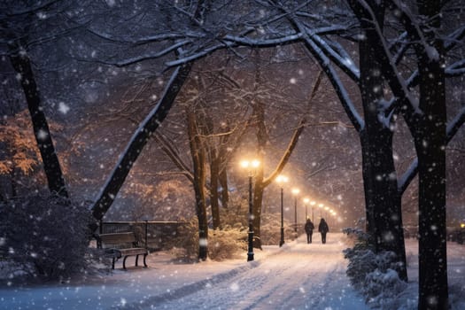 Tranquil Snowfall park forest walk. Wood natural timber frosty. Generate Ai