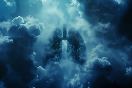 An artistic representation of a persons lungs floating in the sky amongst cumulus clouds, resembling a landscape in electric blue hues, creating a surreal and dreamy atmosphere