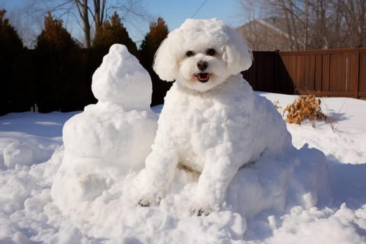 Frosty Snowman dog garden. Winter season with a pet in the park. Generate AI