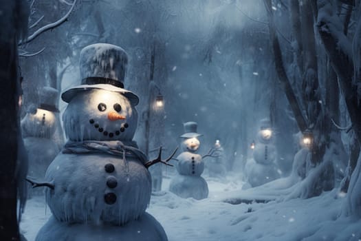 Chilly Snowman winter forest. Frost smile scene. Generate Ai