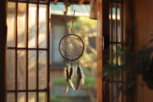 A dream catcher is suspended from a window in a wooden building, gently swaying in the breeze. The intricate circle design contrasts beautifully against the glass panes