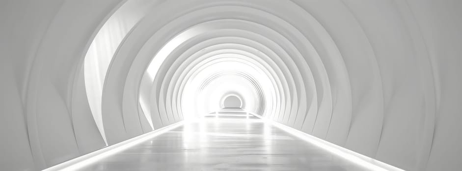 A parallel white tunnel with a grey road and tints of shades leads to a light at the end, creating a symmetrical pattern in monochrome photography