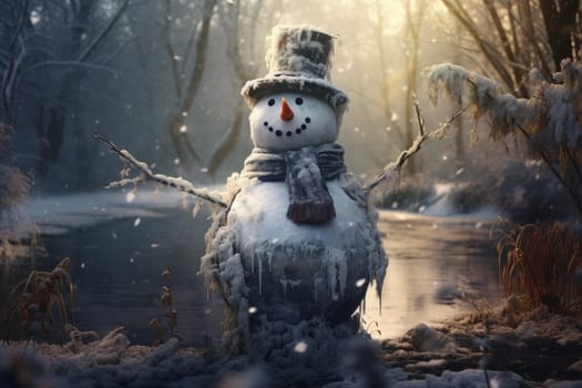 Frosty Snowman winter nature forest. Fun scene. Generate Ai