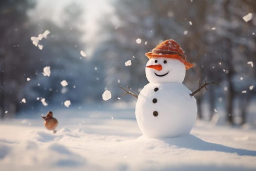Frosty Snowman winter sunny. Nature sky. Generate Ai